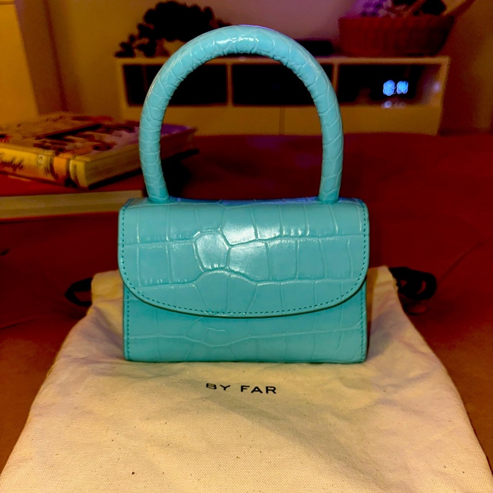 BY FAR croc embossed leather mini turquoise bag with removable strap & dust bag